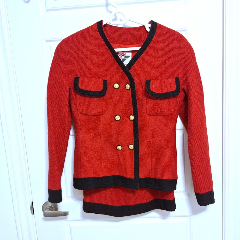 Vintage Biba Wool Suit Red Jacket and Skirt with Gold Buttons from early 1990s